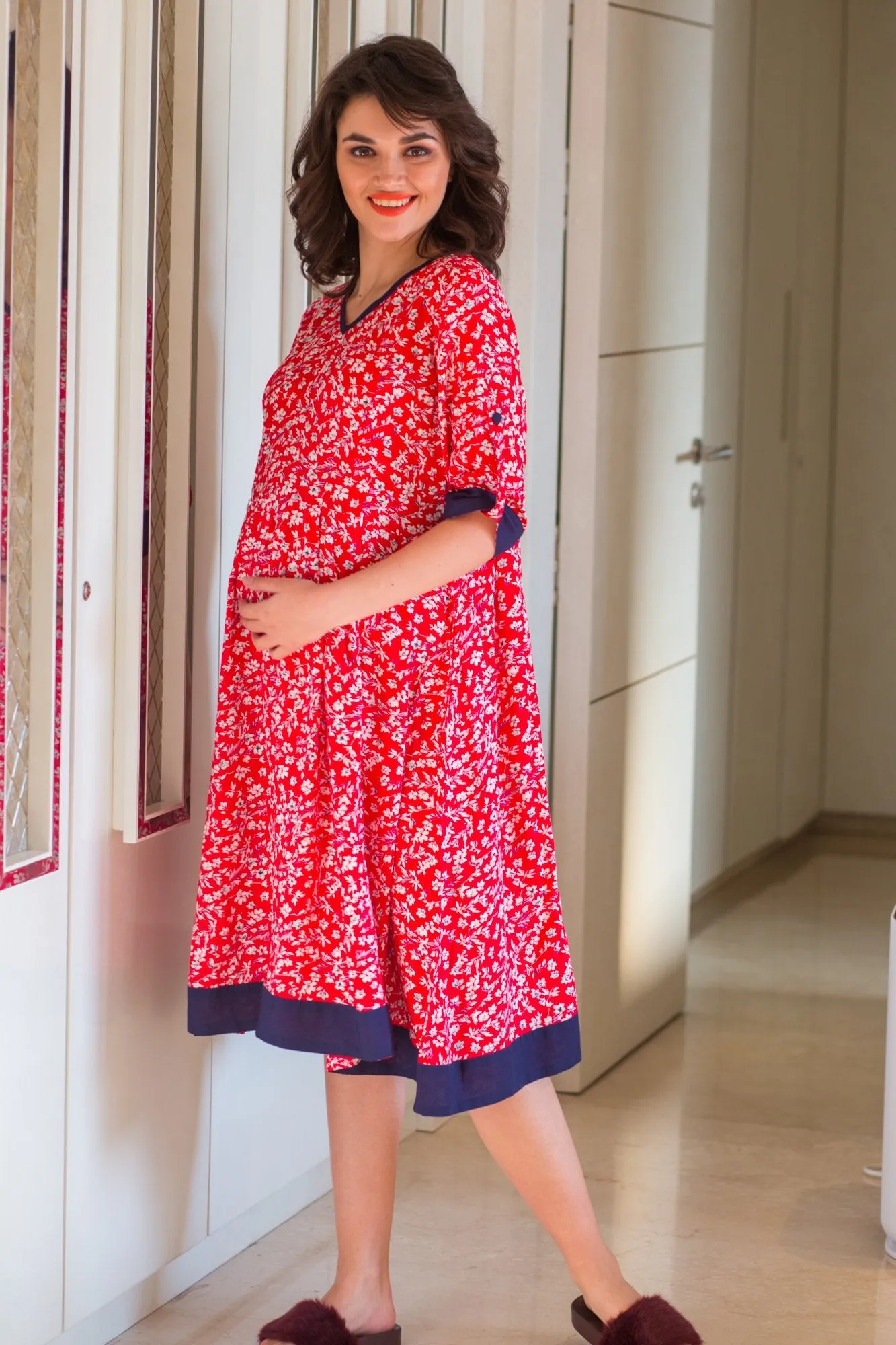 Tangerine Floral Maternity & Nursing Night Dress