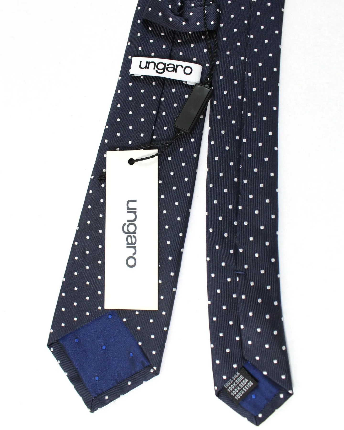 Ungaro Silk Tie Dark Blue Dots - Narrow Cut Designer Necktie