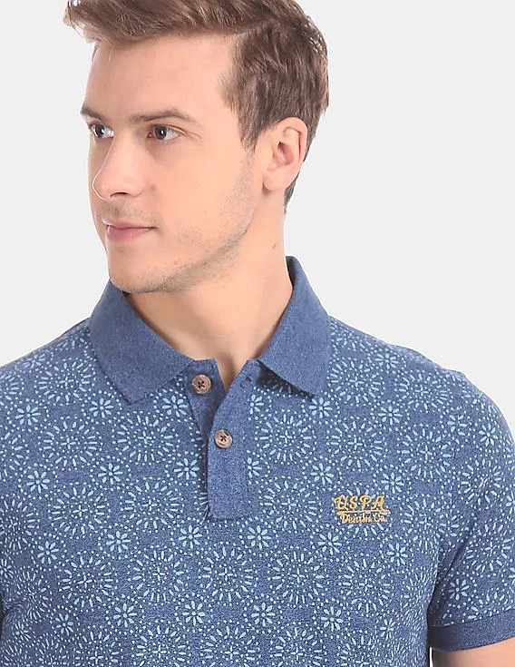 U.S. Polo Assn. Denim Co. Men Blue Allover Print Cotton Pique Polo Shirt