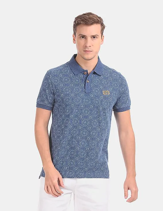 U.S. Polo Assn. Denim Co. Men Blue Allover Print Cotton Pique Polo Shirt