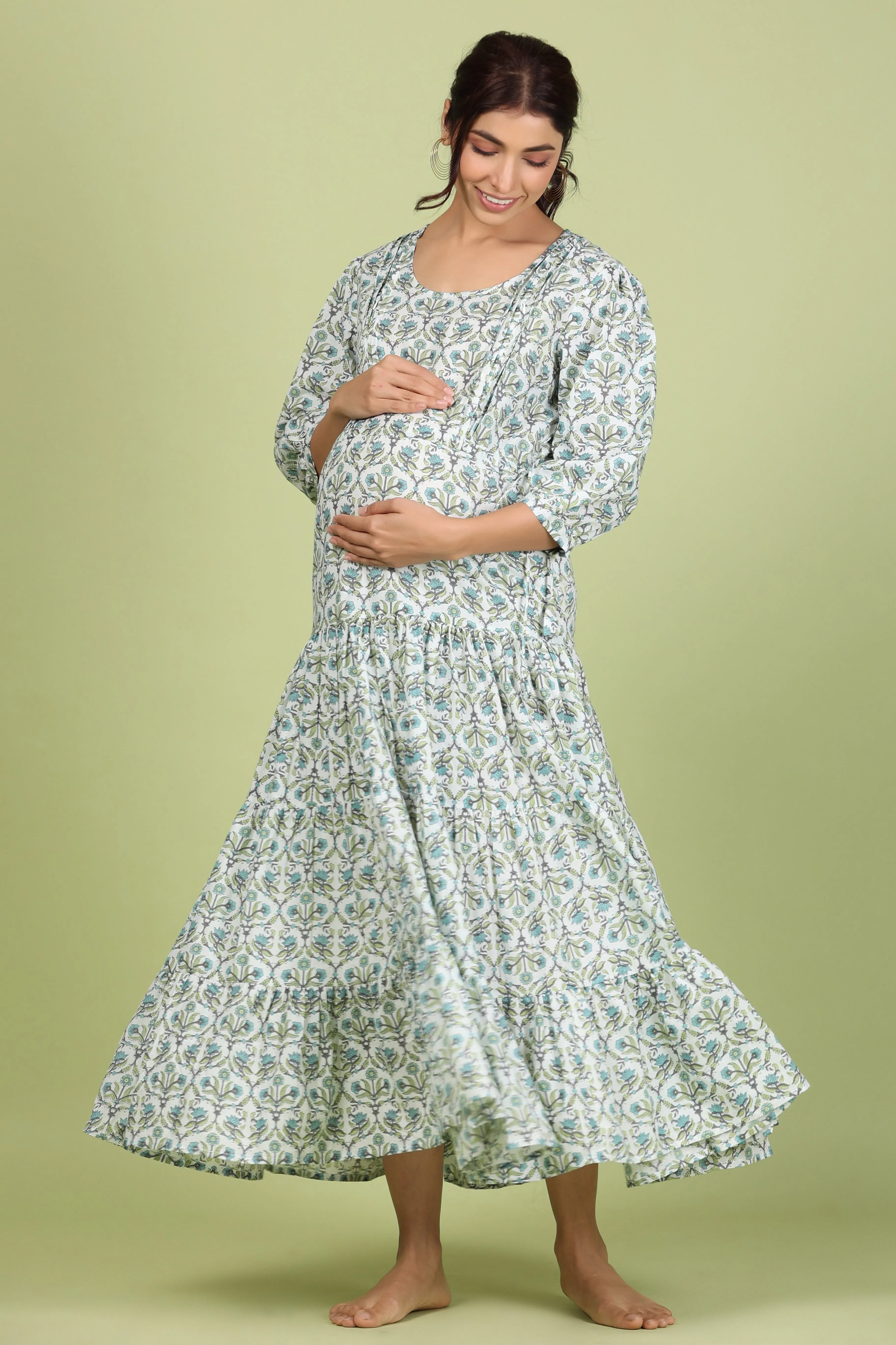 White Coromandel Print on Maternity Feeding Dress