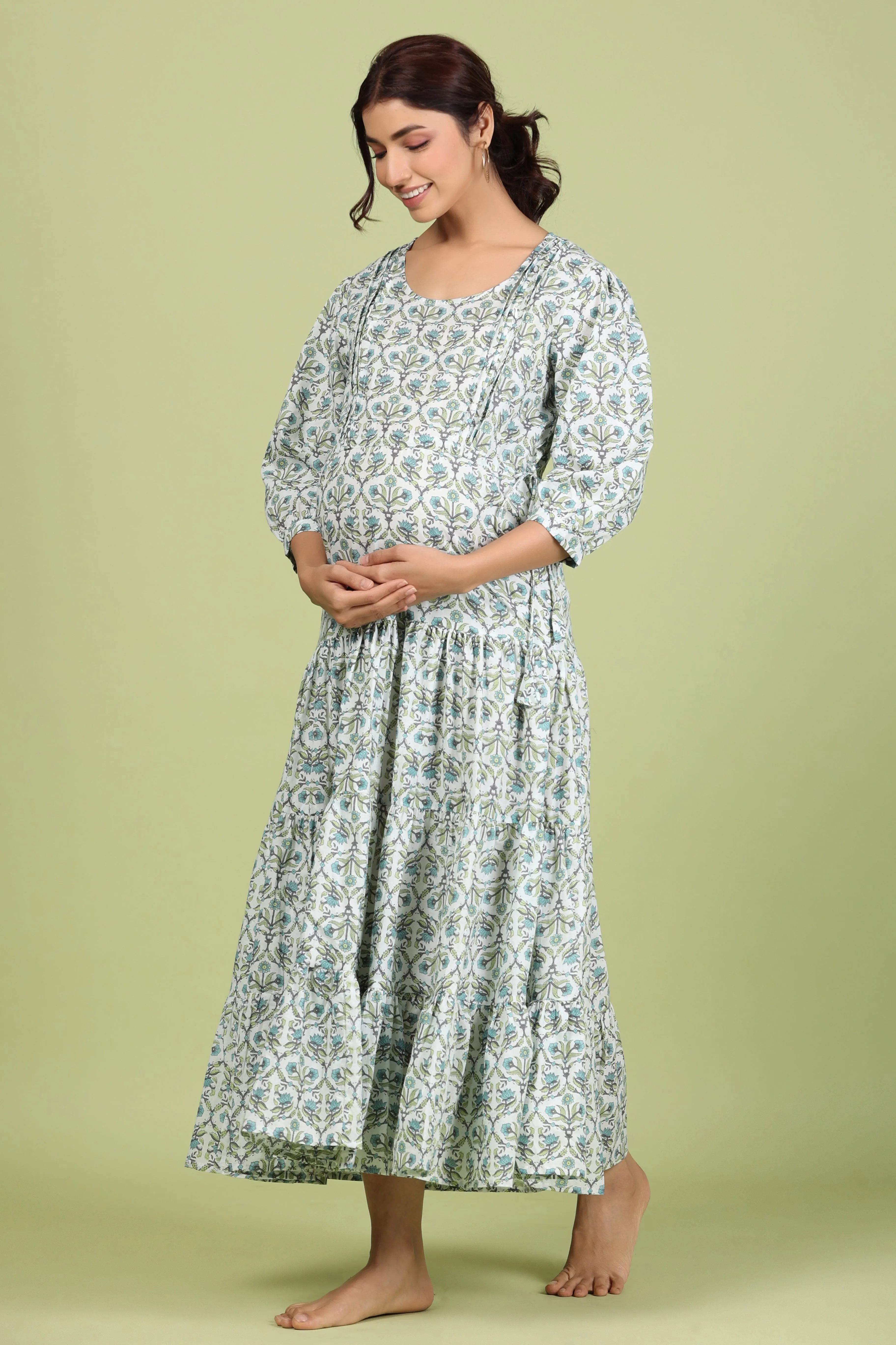 White Coromandel Print on Maternity Feeding Dress