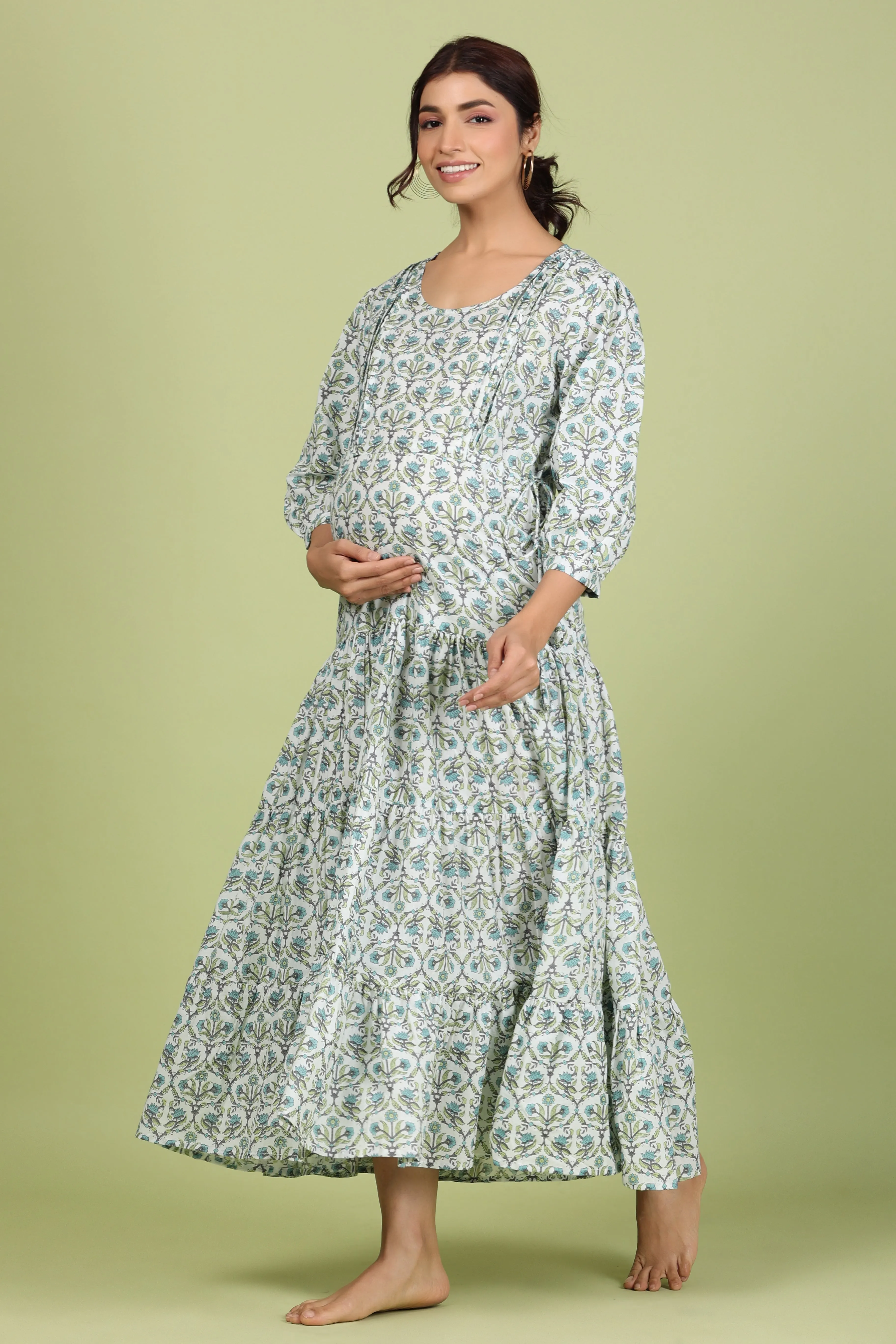 White Coromandel Print on Maternity Feeding Dress