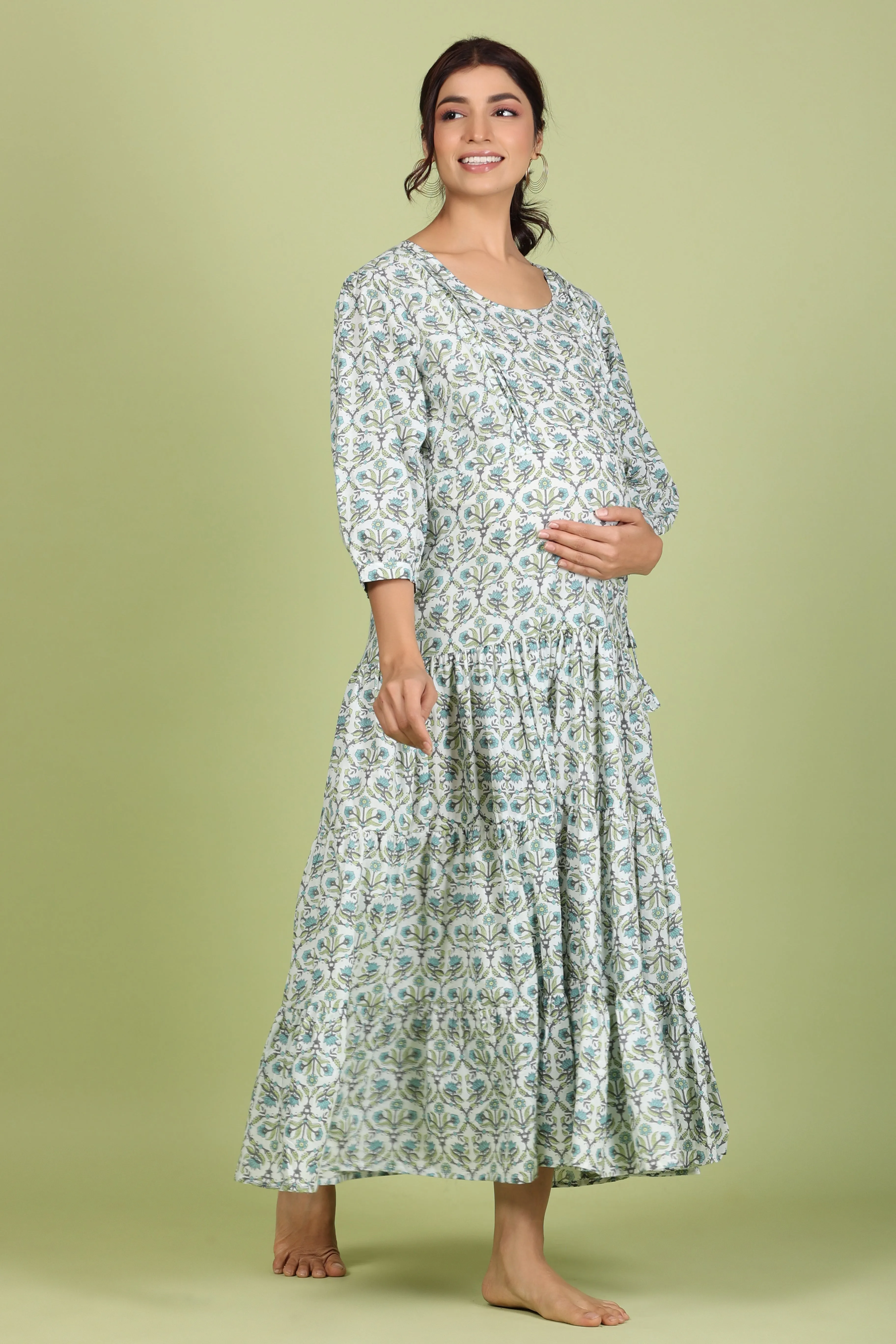 White Coromandel Print on Maternity Feeding Dress