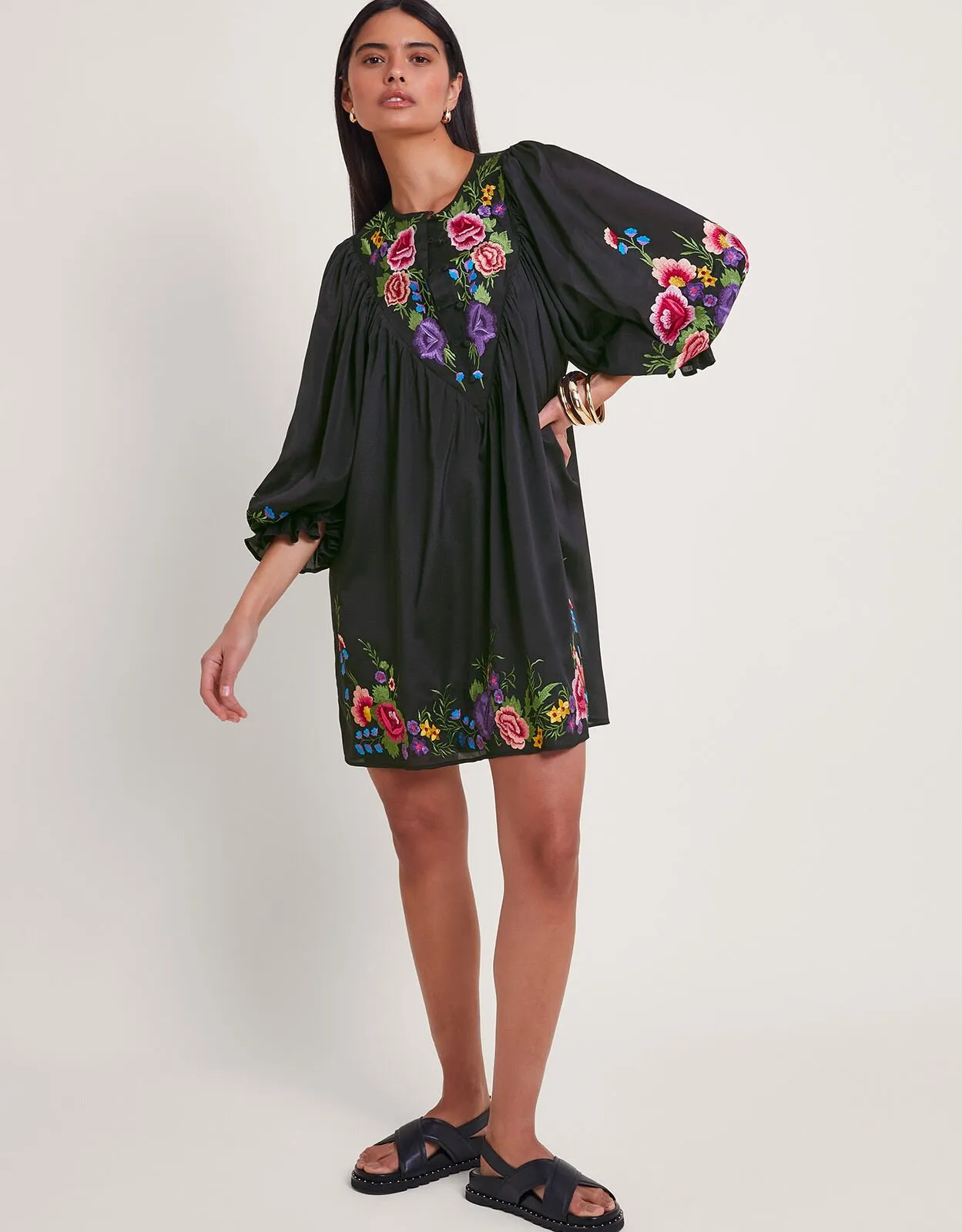 Winny Embroidered Tunic Dress Black