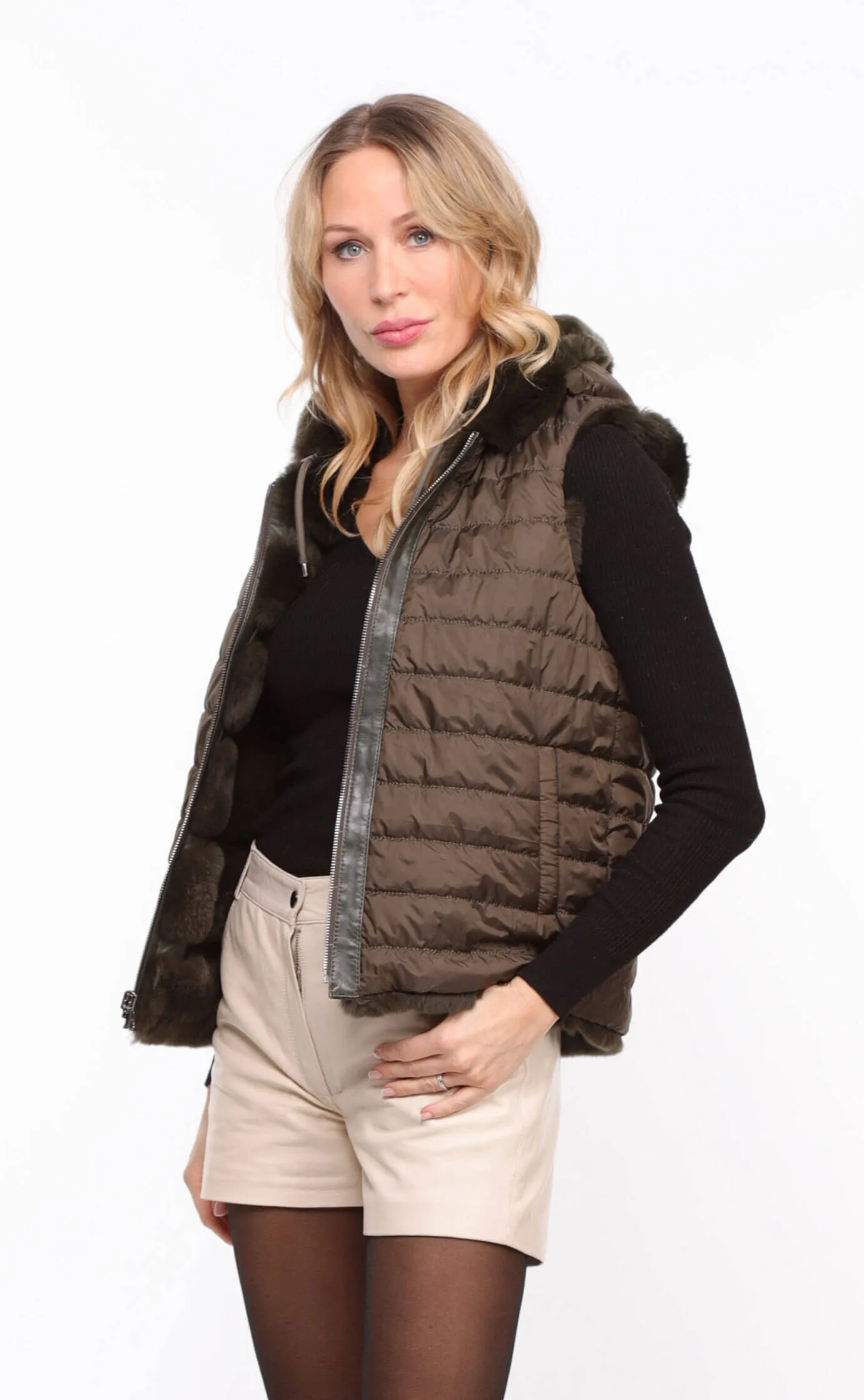 Women's khaki \rexe\ reversible hooded rabbit vest