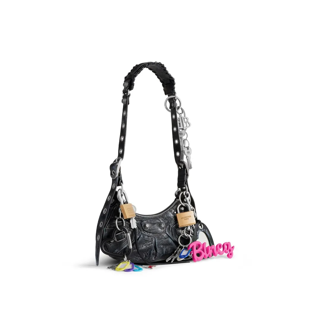      Women's Le Cagole Xs Shoulder Bag Used Effect With Charms  in Black 