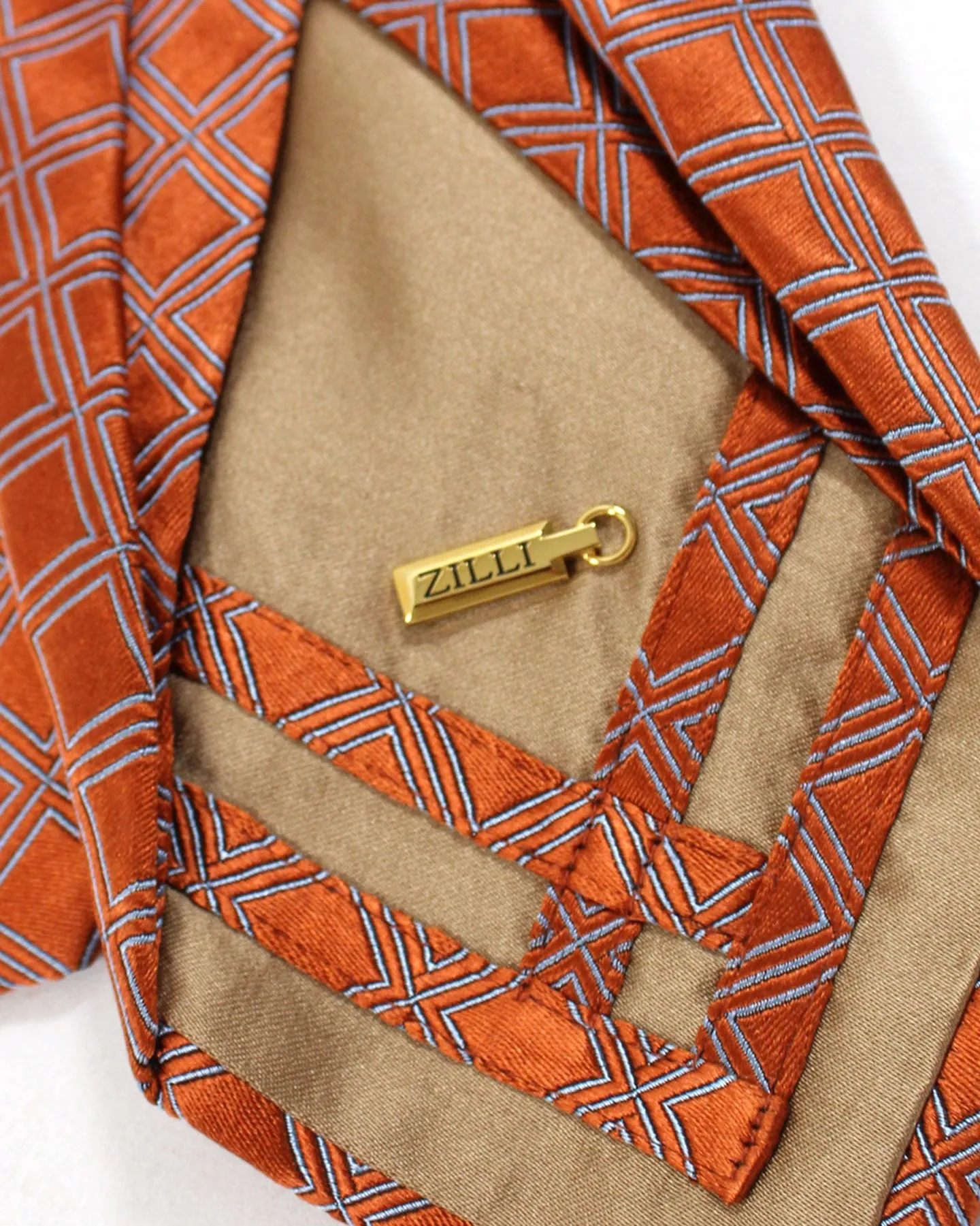 Zilli Sevenfold Tie Rust Orange Blue Geometric Design - Wide Necktie SALE